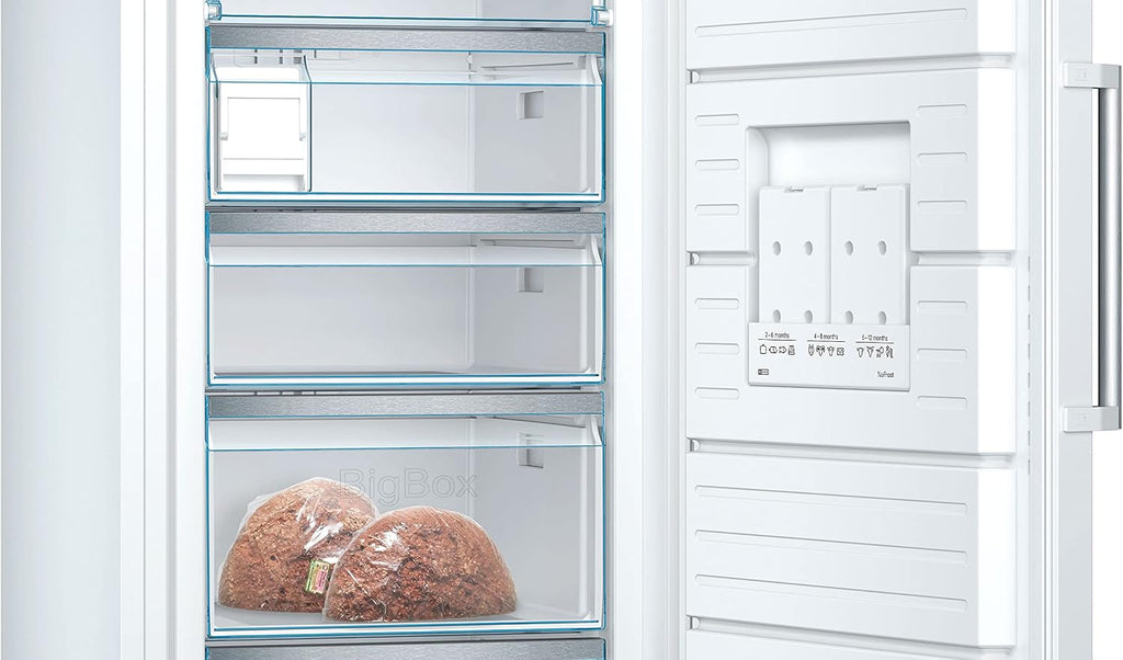 2026 Bosch GSN54AWCV Série 6 Congélateur XXL 176 x 70 cm extra large 327 L NoFrost ne dégivrage plus jamais avec éclairage LED uniforme BigBox Espace pour gros aliments congelés Blanc