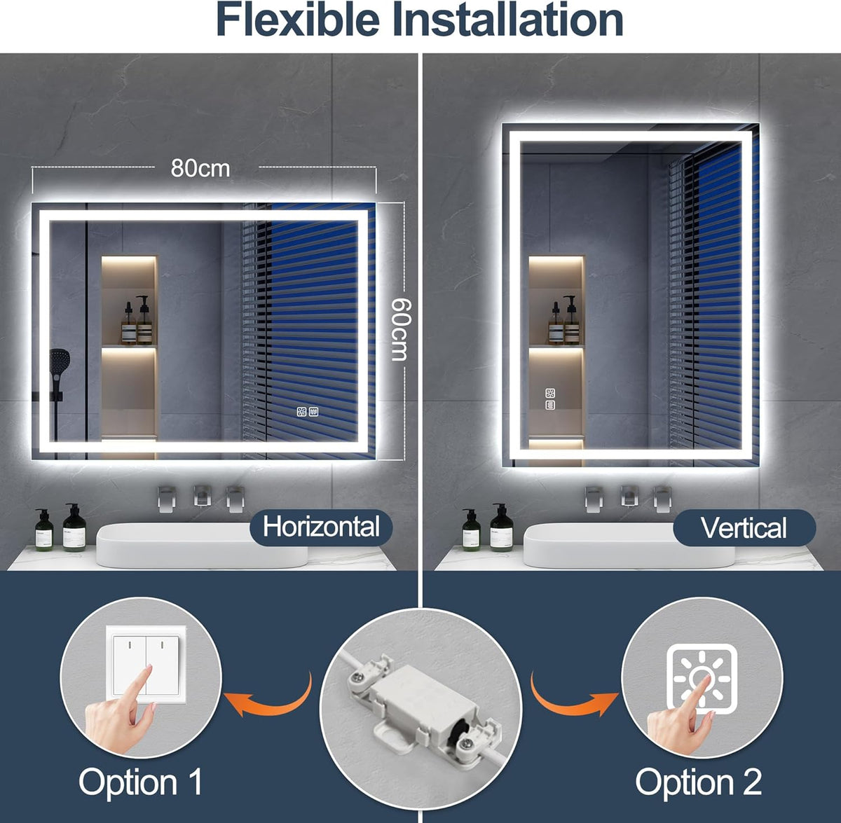 Miroir de salle de bain S'bagno avec éclairage 120 x 70 cm, miroir de salle de bain LED avec Bluetooth et fonction antibuée, intensité variable 3000 K/4000 K/6500 K, mémoire de forme, verre trempé HD, IP44 - Miroirs de salle de bain LED, horizontaux