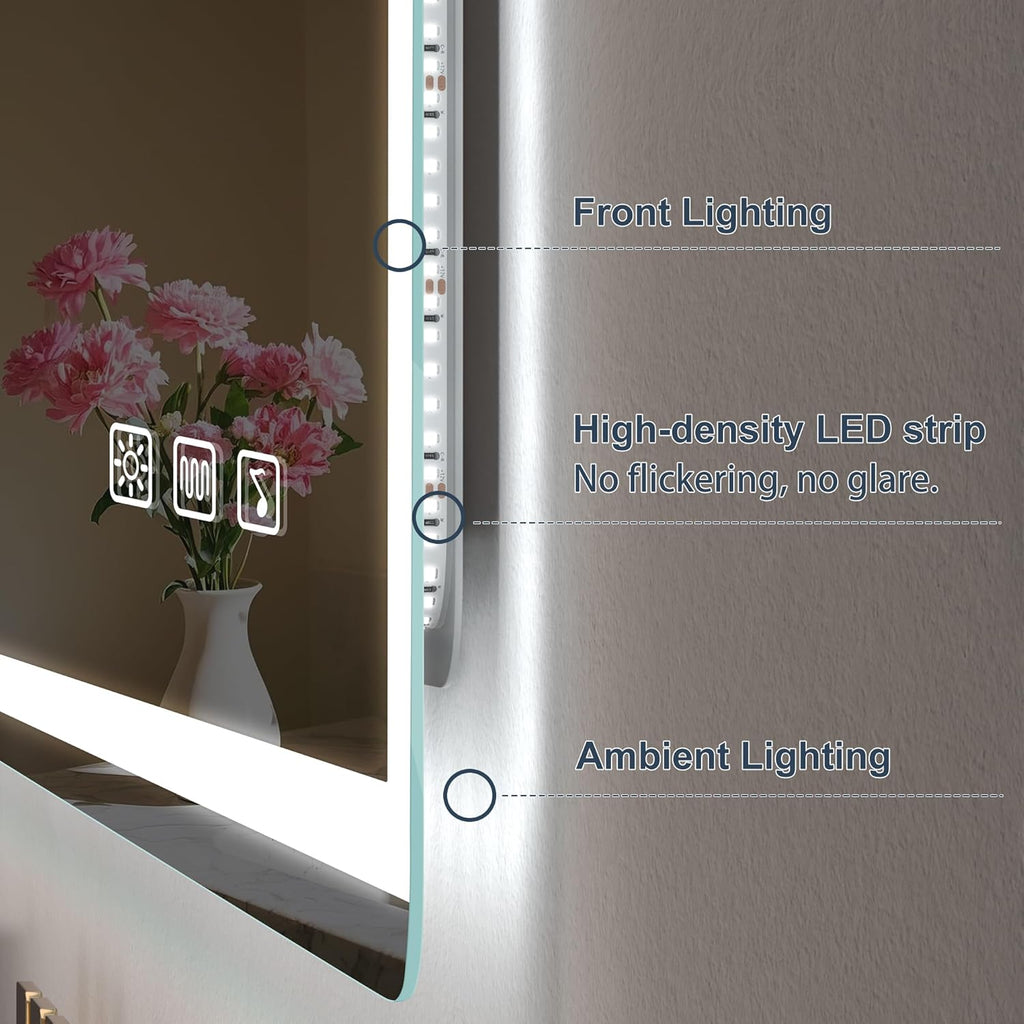 Miroir de salle de bain S'bagno avec éclairage 120 x 70 cm, miroir de salle de bain LED avec Bluetooth et fonction antibuée, intensité variable 3000 K/4000 K/6500 K, mémoire de forme, verre trempé HD, IP44 - Miroirs de salle de bain LED, horizontaux