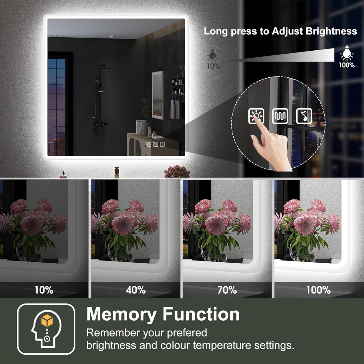 2026 Miroir de salle de bain S'bagno avec éclairage 1200 x 700 mm, IP44, LED, Bluetooth, antibuée, 3 couleurs de lumière (3 000 K, 4 000 K, 6 500 K), intensité variable, mémoire, vertical ou horizontal. Miroirs de salle de bain avec LED.
