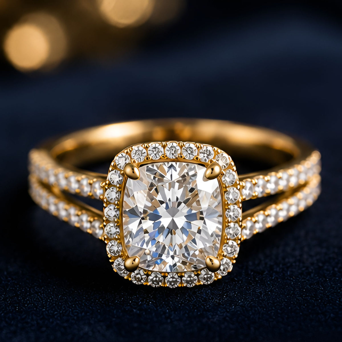 Bague dorée à large pierre centrale et halo pavé