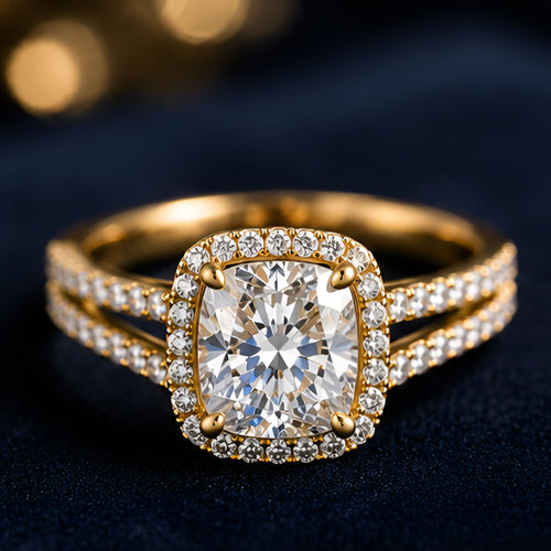 Bague dorée à large pierre centrale et halo pavé