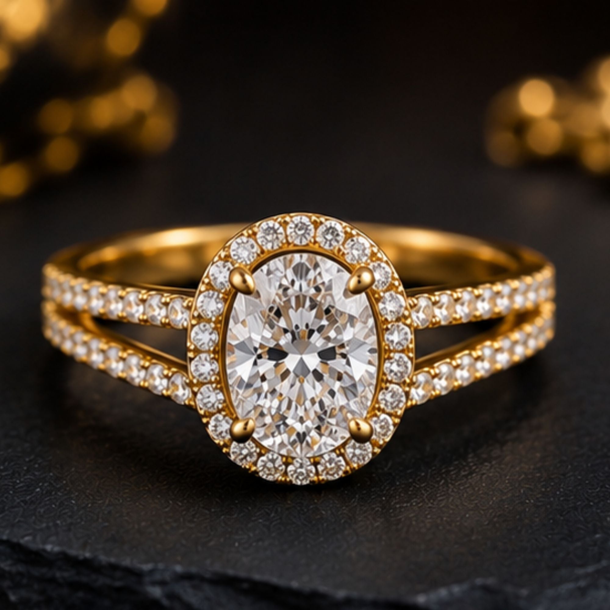Bague dorée à pierre ovale et double rangée décorative