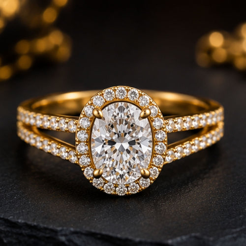 Bague dorée à pierre ovale et double rangée décorative