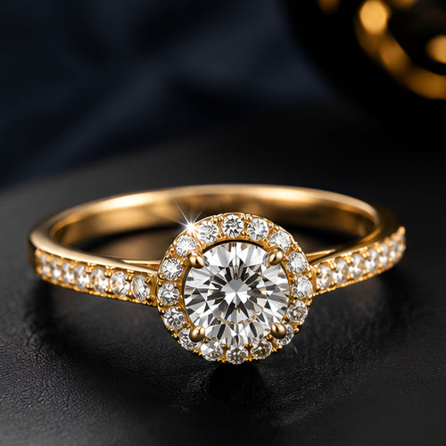 Bague dorée à pierre ronde et entourage lumineux