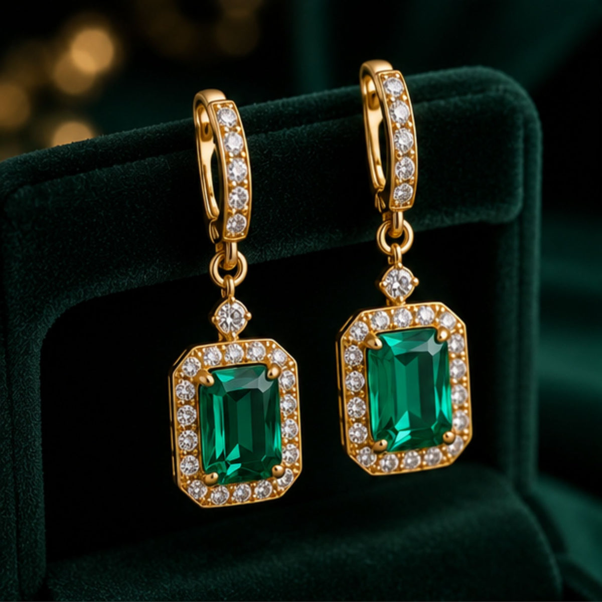 Boucles d'oreilles dorées à pendentif rectangulaire vert