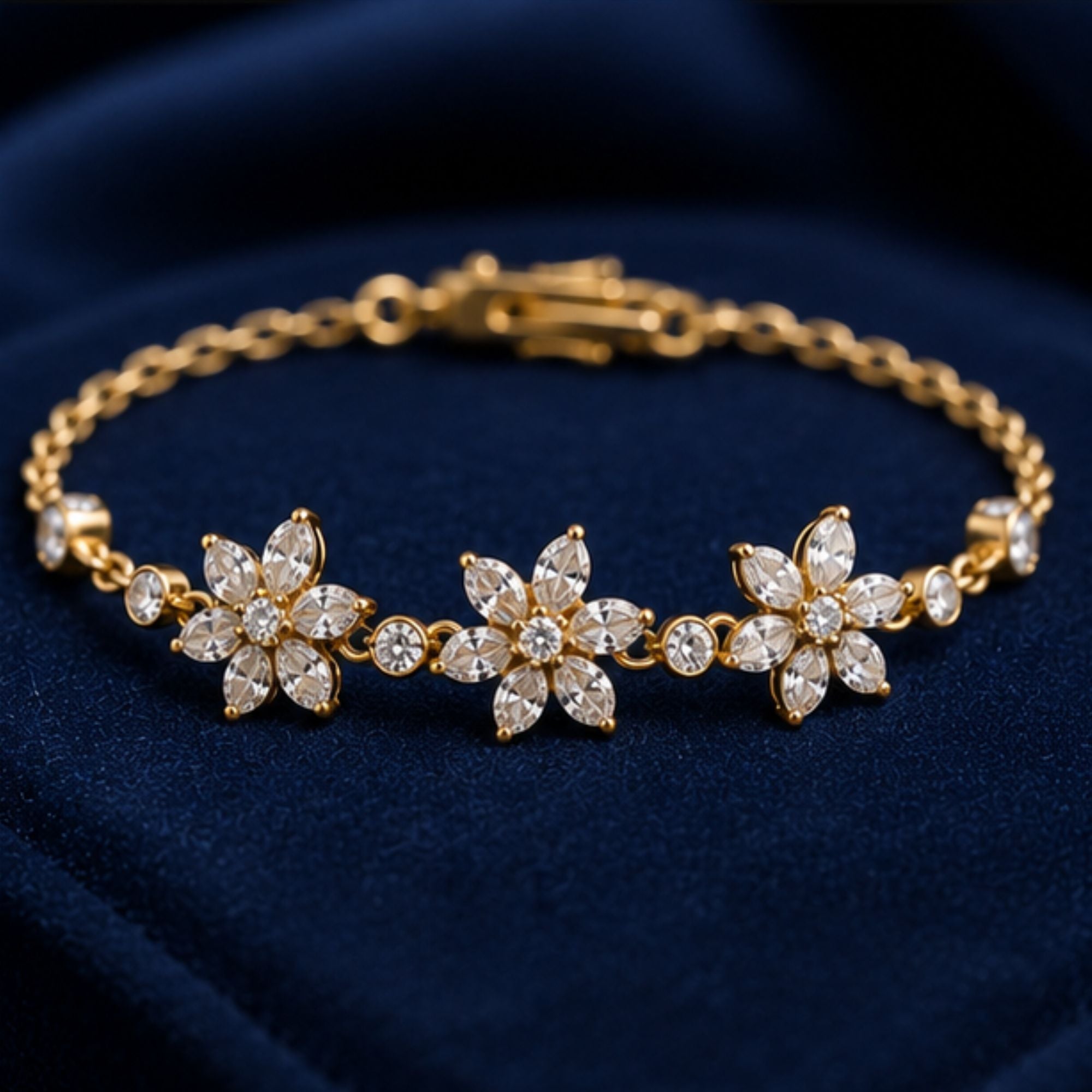 Bracelet doré à motifs floraux et pierres transparentes