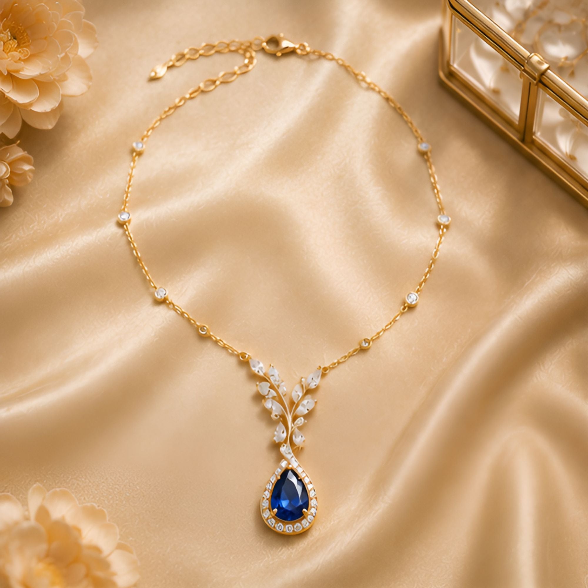 Collier doré à pendentif goutte bleu et pierres transparentes