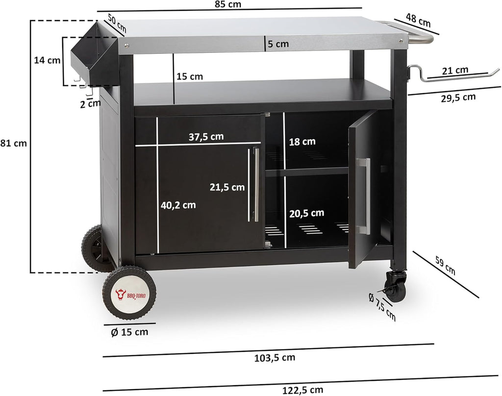 2026 Carrello per barbecue BBQ-Toro 103,5 x 59 x 81 cm | argento/nero | Tavolo per barbecue con ampio piano di lavoro | Tavolo per barbecue outdoor, carrello per servire, carrello da giardino all'aperto