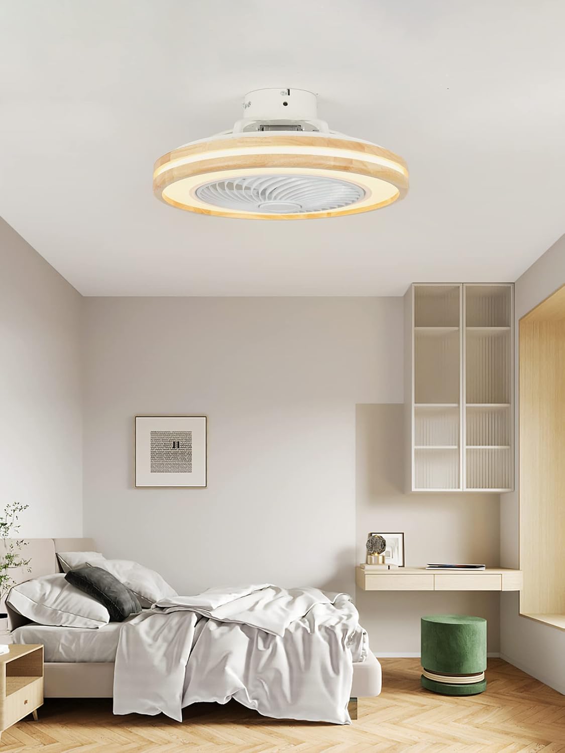 2026 LJX Ventilateurs de Plafond avec Lumières Bois et Télécommande Plafonnier Ventilateur Design Sans Pales Été Et Hiver Réversible 6 Vitesses Moteur DC Gradable Ventilo Plafond Silencieux Pour Chambre