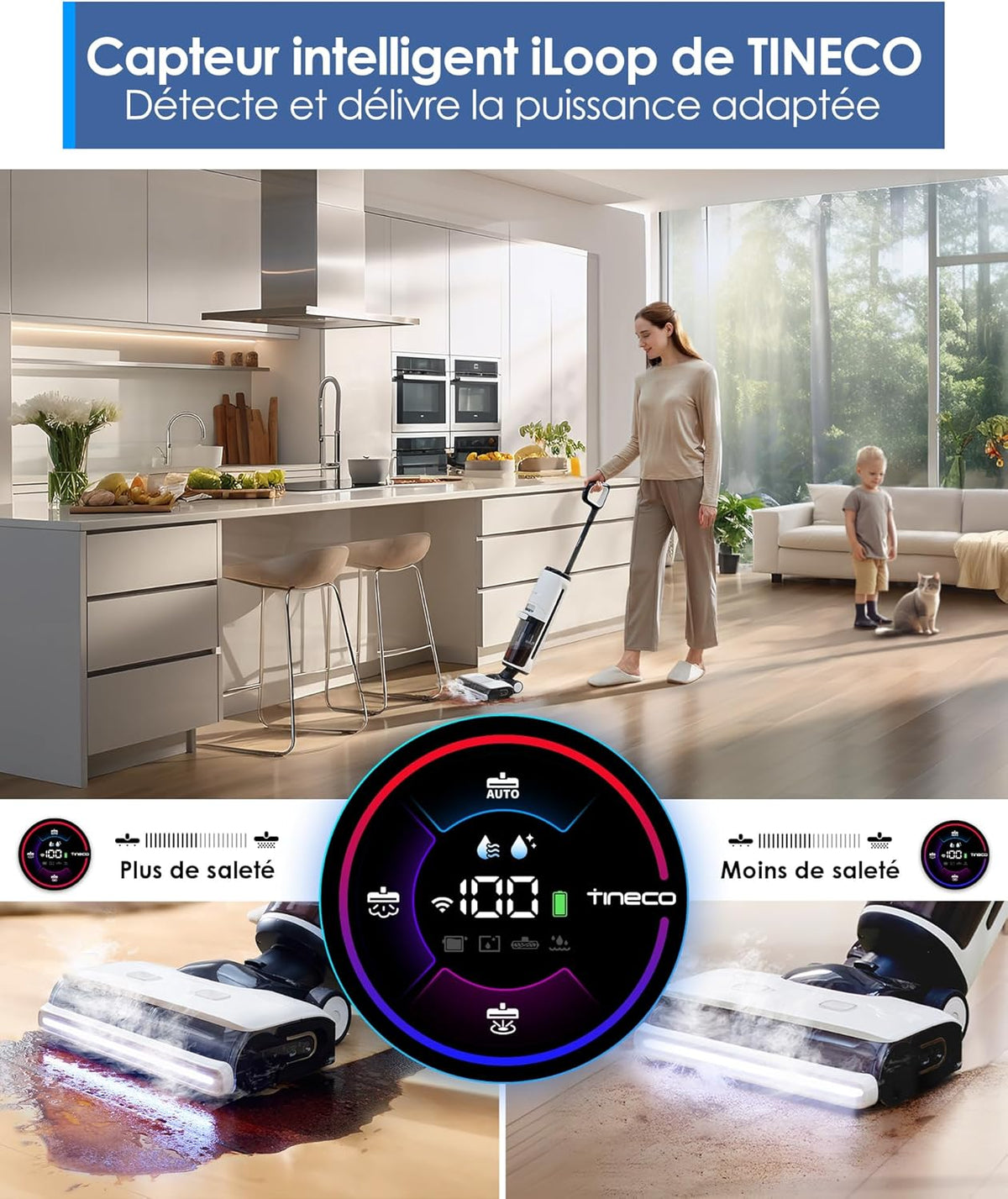 2026 Tineco Floor One S7 Steam Nettoyeur de Sols sans-Fil Balai Vapeur pour Saletés Collantes sur Sols Durs avec Écran Auto-Nettoyage Nettoyage des Bords Autopropulsion Parfait pour Enfants/Animaux