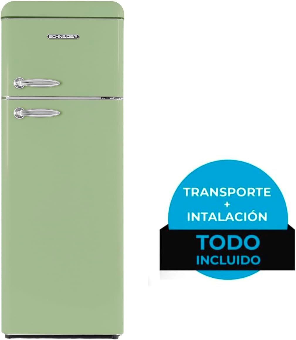 2026 SCHNEIDER SCDD208VVA, Réfrigérateur 2 portes, 211L (172+39), Froid statique, Dégivrage automatique, 3 clayettes verre, Thermostat réglables, Pieds réglables,Vert amande