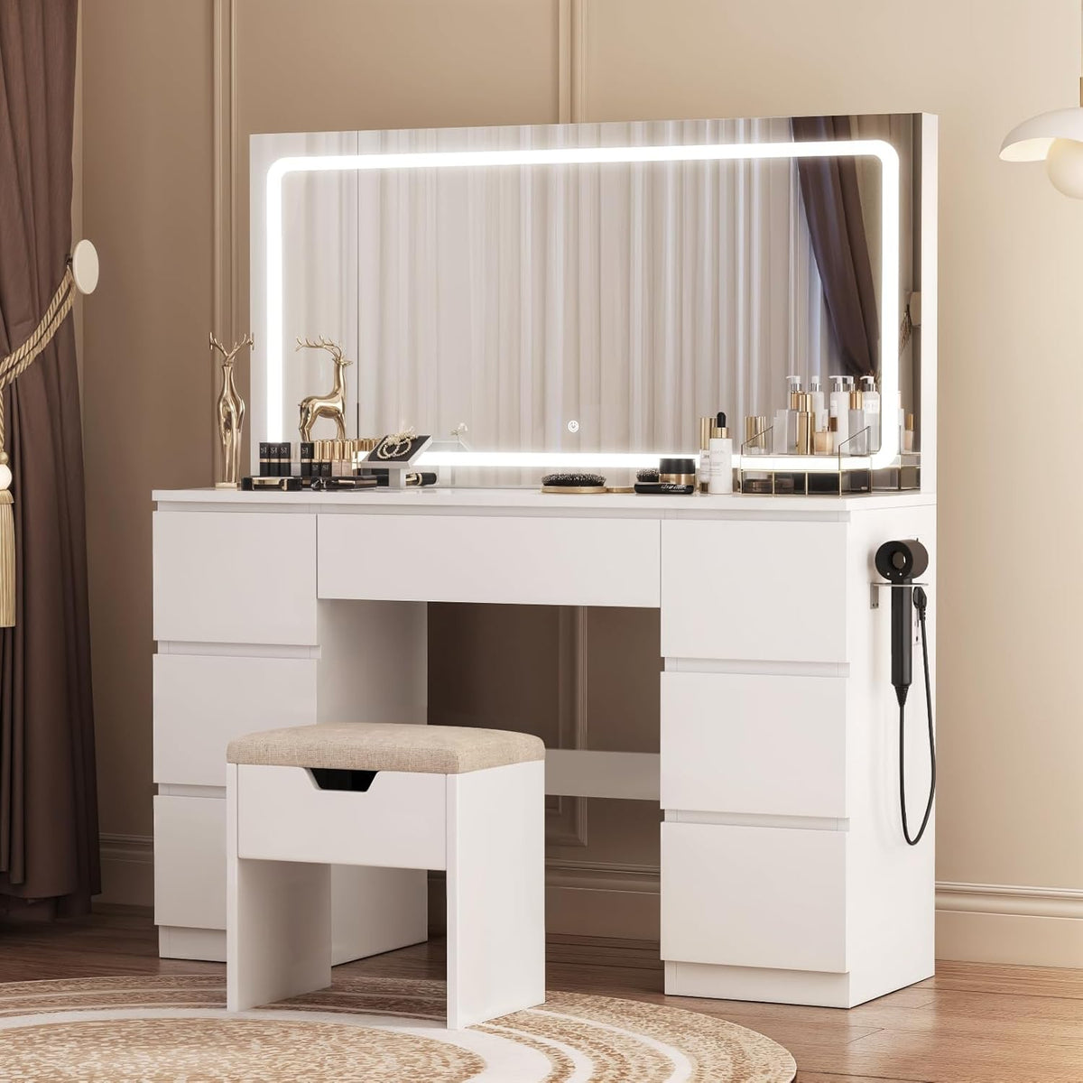 2026 TRIUMPHKEY Coiffeuse avec Miroir et Tabouret Table de Maquillage avec Miroir LED Grand Format à Luminosité Réglable, 7 Tiroirs et Prise de Courant, Meuble de Maison, Blanc