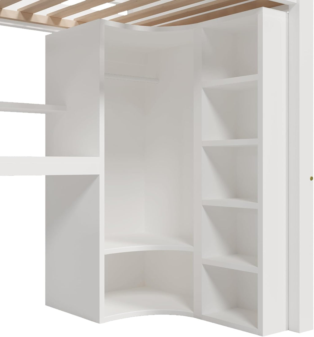 2026 Lit Mezzanine 90x200 cm, Lit Superposé Enfant et Adulte avec Bureau, Lumières LED, Armoire, Échelle, 4 Tiroirs et Rangements, Blanc et Bois lit Mezzanine (90x200 cm)