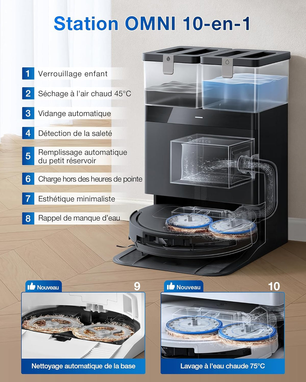 2026 ECOVACS T50 Omni Aspirateur Robot avec Station, Puissance 15000Pa amélioré par T30 Pro Omni, Brosse latérale et serpillière Extensibles, ZeroTangle 2.0, AIVI 3D 2.0, Lavage à l'eau Chaude 75℃, Blanc