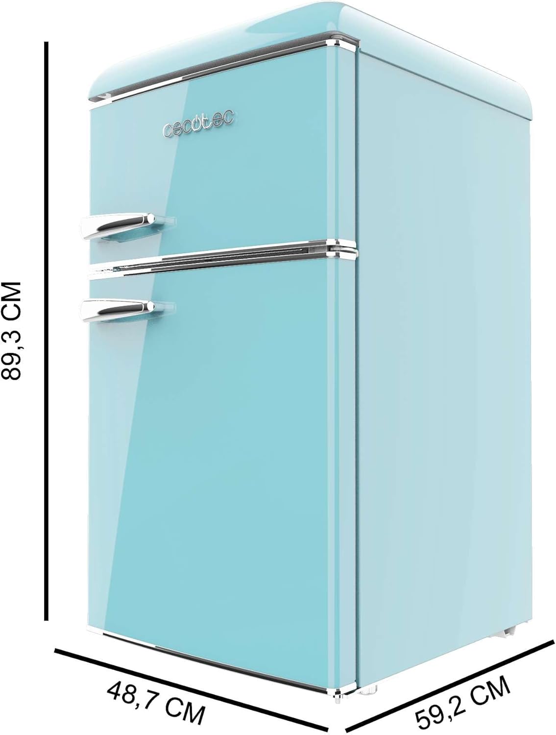 2026 Cecotec Mini Réfrigérateur 2 Portes Retro 86L Bolero CoolMarket 2D Origin 86 Blue E, 89,3cm H et 48,7cm L, IceBox, Classe Énergétoque E, Total No Frost, Lumière Intérieure et Poignée Chromée, Bleu