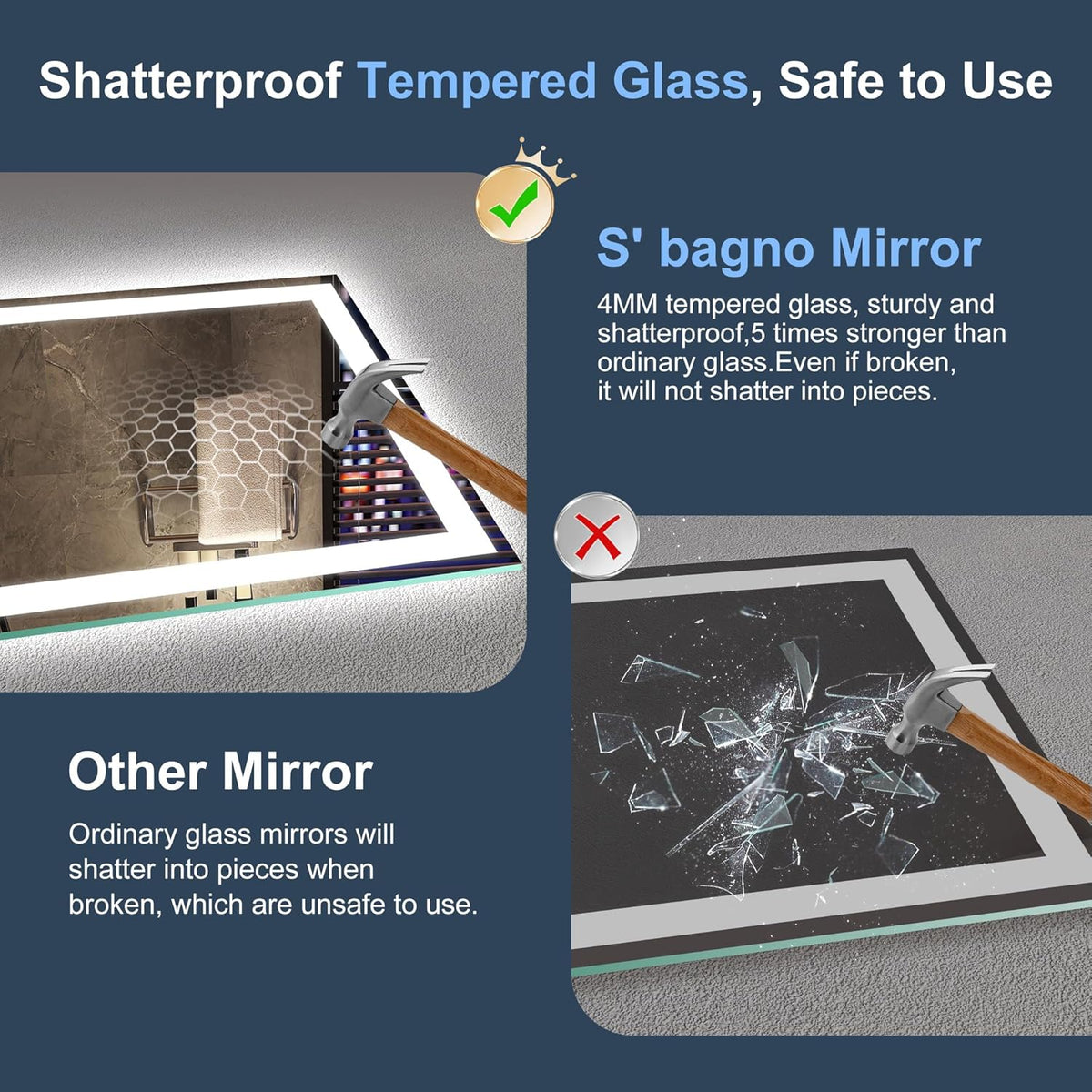 Miroir de salle de bain S'bagno avec éclairage 120 x 70 cm, miroir de salle de bain LED avec Bluetooth et fonction antibuée, intensité variable 3000 K/4000 K/6500 K, mémoire de forme, verre trempé HD, IP44 - Miroirs de salle de bain LED, horizontaux