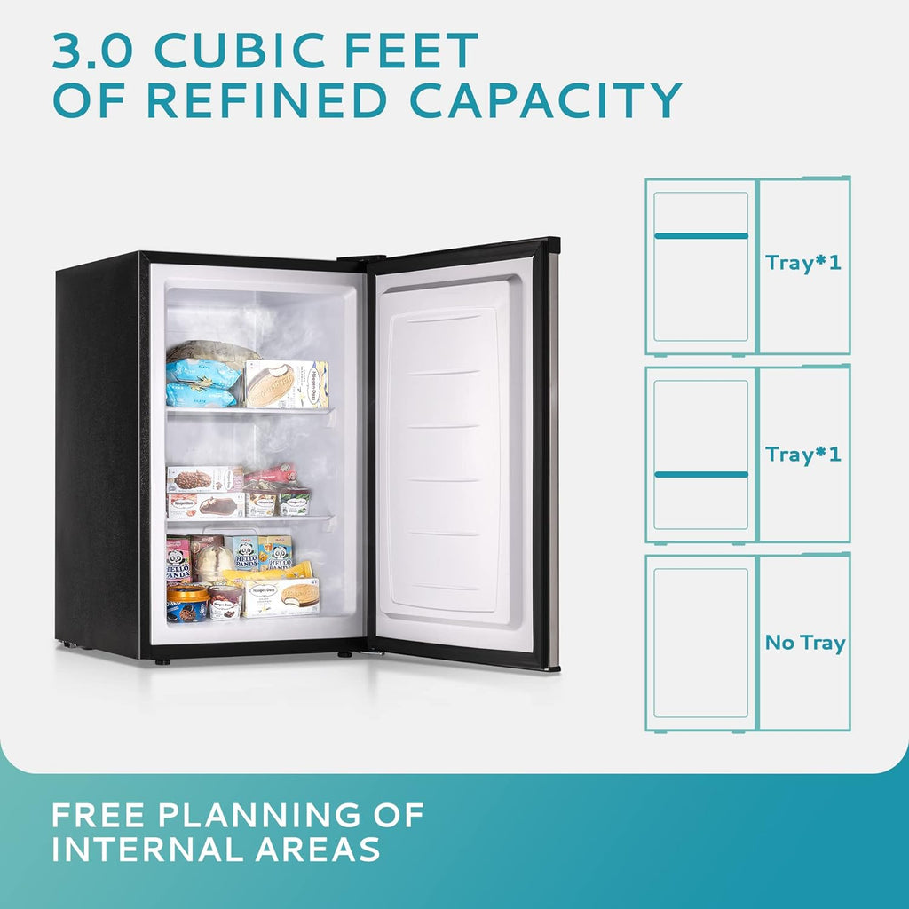 2026 Congélateur vertical 2025 de 85 litres (3 pi³). Porte réversible simple en acier inoxydable. Congélateur compact pour la maison, les résidences étudiantes, les appartements et les bureaux (argenté).
