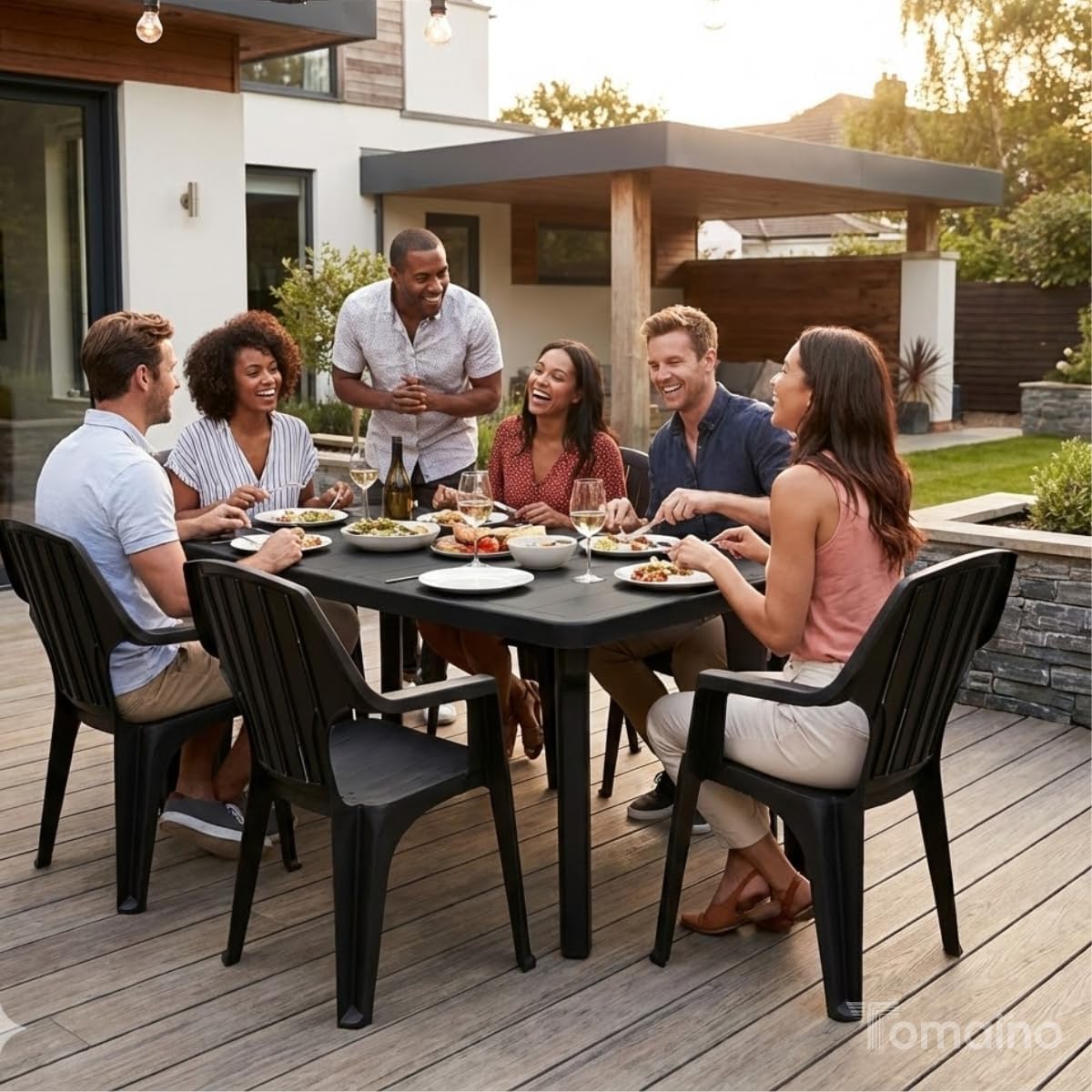 2026 Tomaino - Table and 6 Plastic Garden Chairs Set - with Extendable Extension, with Armrests, Stackable, for Outdoor, Terrace - Norden Dining Set (Black)