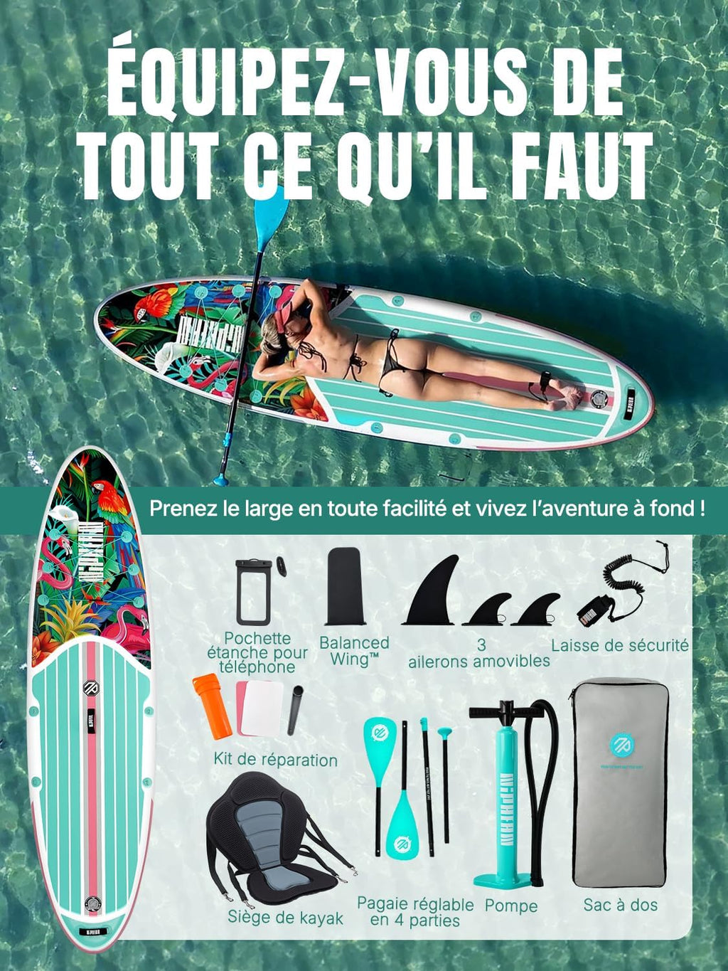 2026 Niphean Paddle Gonflable Adulte avec Tous Les Accessoires, 320cm Planches de Stand Up Paddle Gonflables pour Tous Les Niveaux, Sup avec Capacité 200 kg pour 2 Personnes, Paddle Gonflable avec Siège