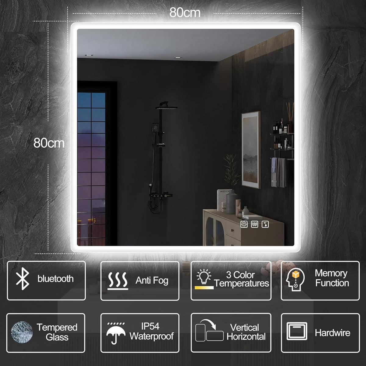 2026 Miroir de salle de bain S'bagno avec éclairage 1200 x 700 mm, IP44, LED, Bluetooth, antibuée, 3 couleurs de lumière (3 000 K, 4 000 K, 6 500 K), intensité variable, mémoire, vertical ou horizontal. Miroirs de salle de bain avec LED.