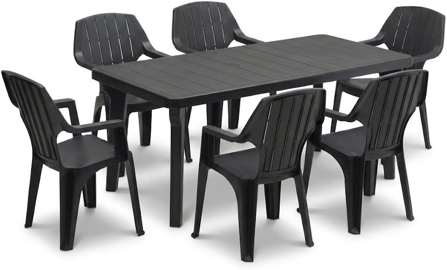 2026 Tomaino - Table and 6 Plastic Garden Chairs Set - with Extendable Extension, with Armrests, Stackable, for Outdoor, Terrace - Norden Dining Set (Black)