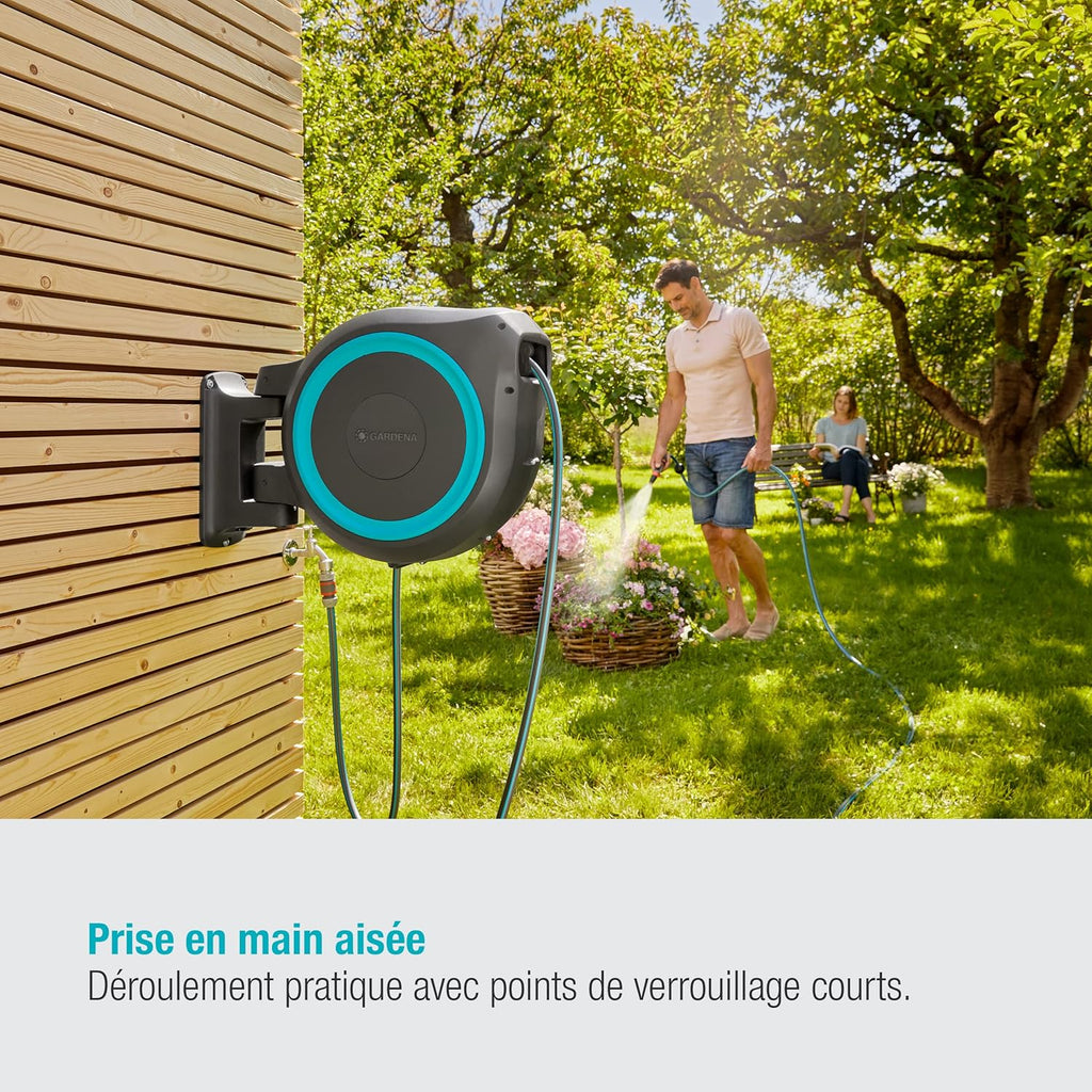 2026 GARDENA Devidoir automatique mural RollUp XL liseret bleu - Longueur 35m - O13mm - Kit complet - Garantie 5 ans 18630-20