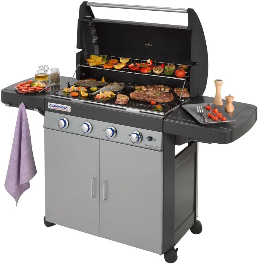 2026 Campingaz Barbecue à gaz Class 4 L Plus, 4 brûleurs, Puissance 12.8kW, Système de nettoyage facile InstaClean, Grille et plancha en fonte double émaillage, 2 tablettes latérales