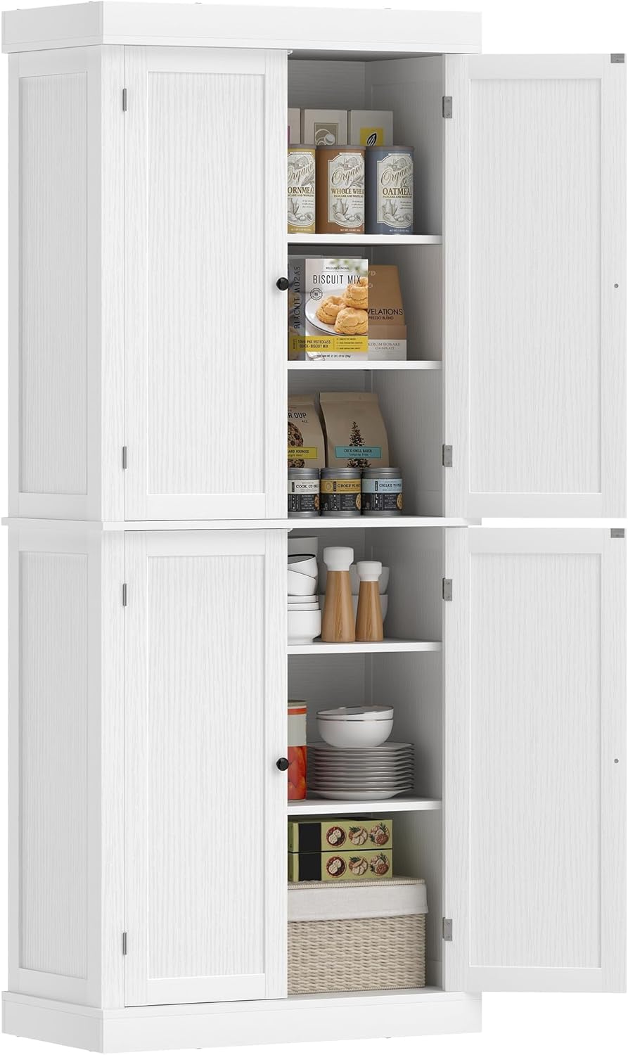 2026 HOMCOM Mobile Cucina Alto con 6 Ripiani e 2 Ante, Armadio Dispensa con Ripiani Regolabili in Legno, 76x40.5x184 cm, Bianco