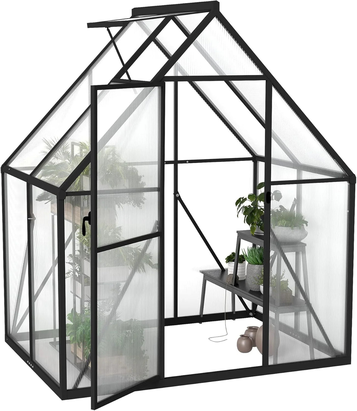 2026 Froadp serre de jardin en aluminium avec fondation, 125 × 180 × 195 cm, polycarbonate 4 mm, résistante aux intempéries, avec fenêtres(Noir/Transparent)