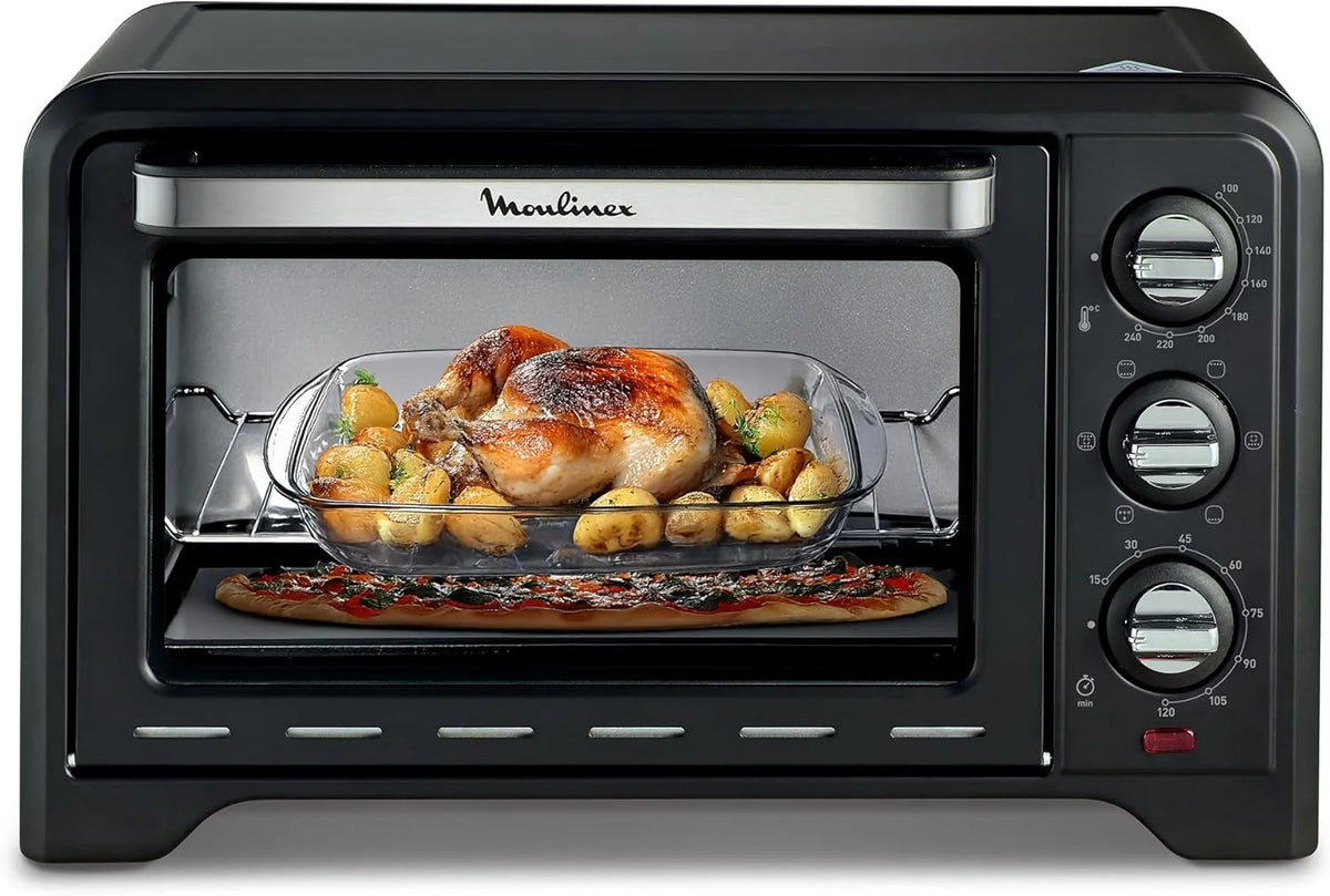 2026 Moulinex Four posable 33 L, Chaleur tournante, Convection de pointe, 6 modes de cuisson, Thermostat réglable jusqu'à 240 °C, Timer 120 min, Grille réversible, Maniques silicone, Optimo Noir OX464811(Noir)