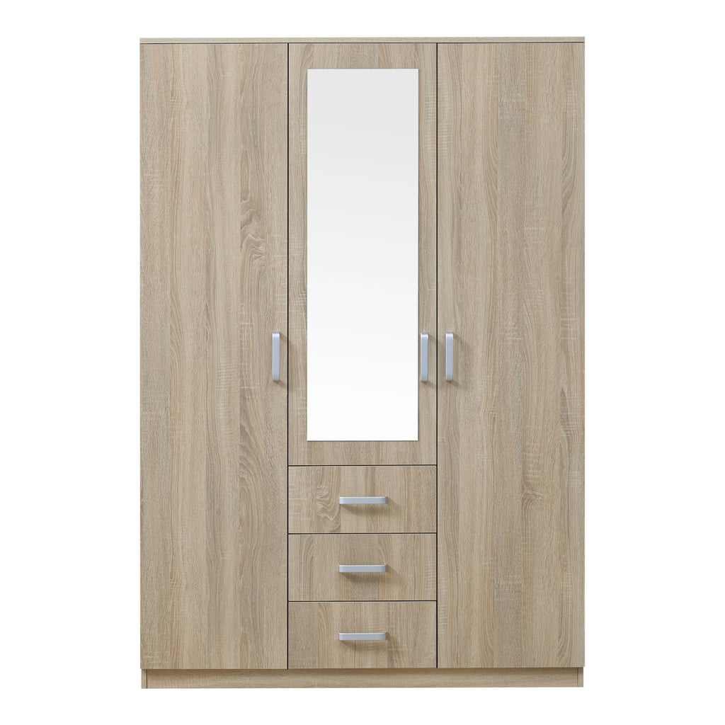 2026 Armoire de chambre garde-robe moderne meuble de rangement intemporel 5 étagères 3 tiroirs + miroir MDF 176 x 120 x 52 cm effet chêne sonoma 03_0006369