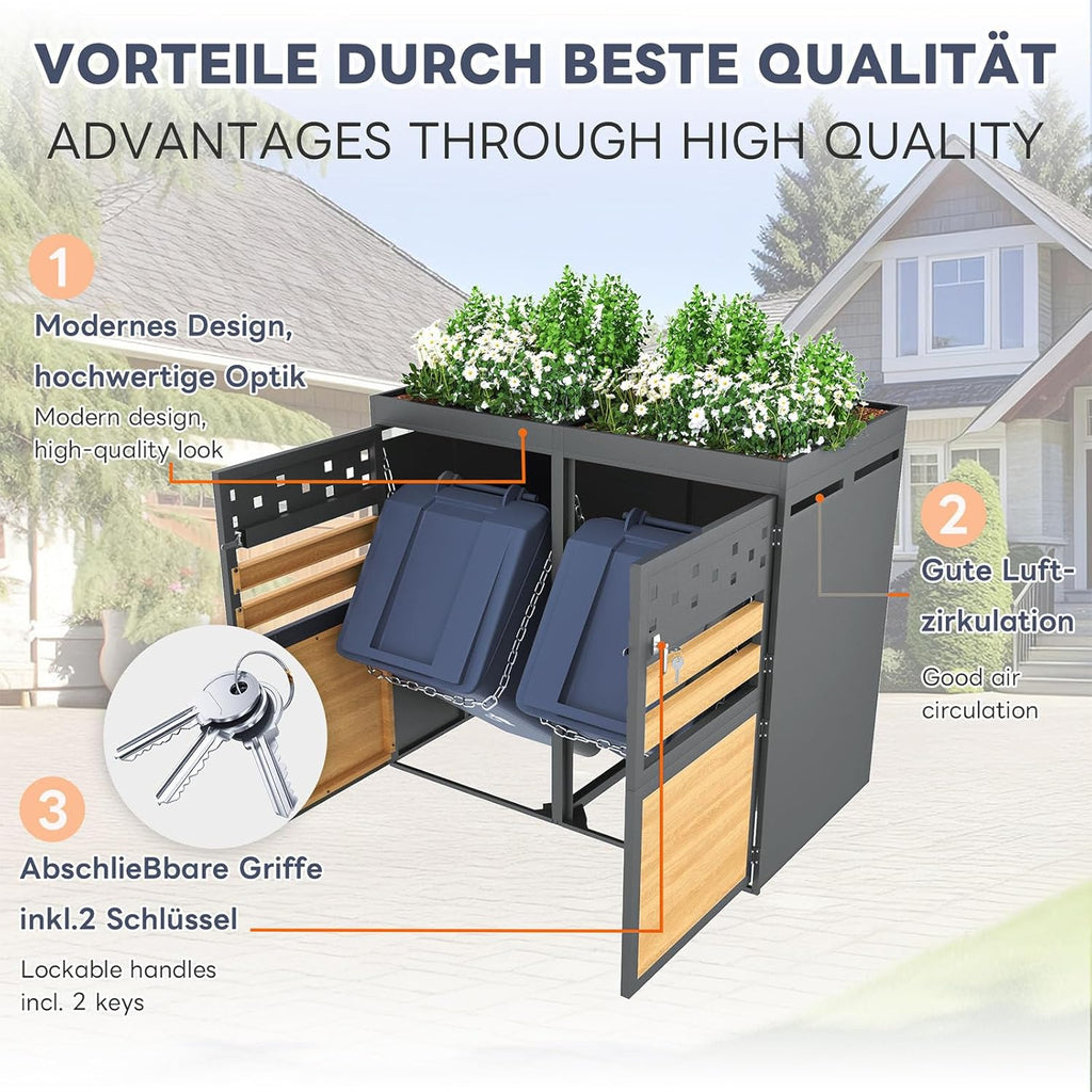 2026 Billg Cache Poubelle Extérieur Double, Abri pour 2 Poubelles de 120-240 L, Antirouille Habillage de Poubelle avec Toit Végétal et 2 Portes avec Poignées Verrouillable, Acier Galvanisé, Anthracite