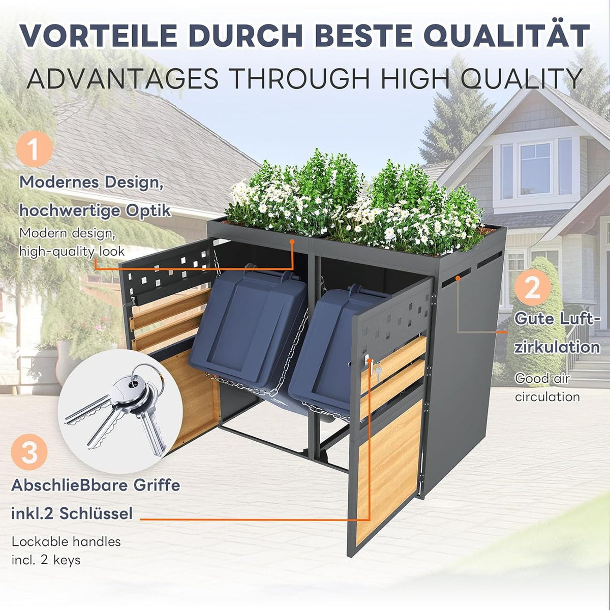 2026 Billg Cache Poubelle Extérieur Double, Abri pour 2 Poubelles de 120-240 L, Antirouille Habillage de Poubelle avec Toit Végétal et 2 Portes avec Poignées Verrouillable, Acier Galvanisé, Anthracite