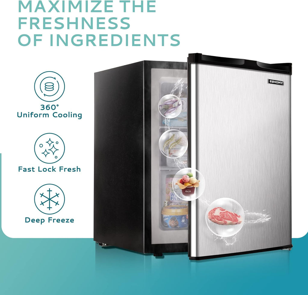 2026 Congélateur vertical 2025 de 85 litres (3 pi³). Porte réversible simple en acier inoxydable. Congélateur compact pour la maison, les résidences étudiantes, les appartements et les bureaux (argenté).