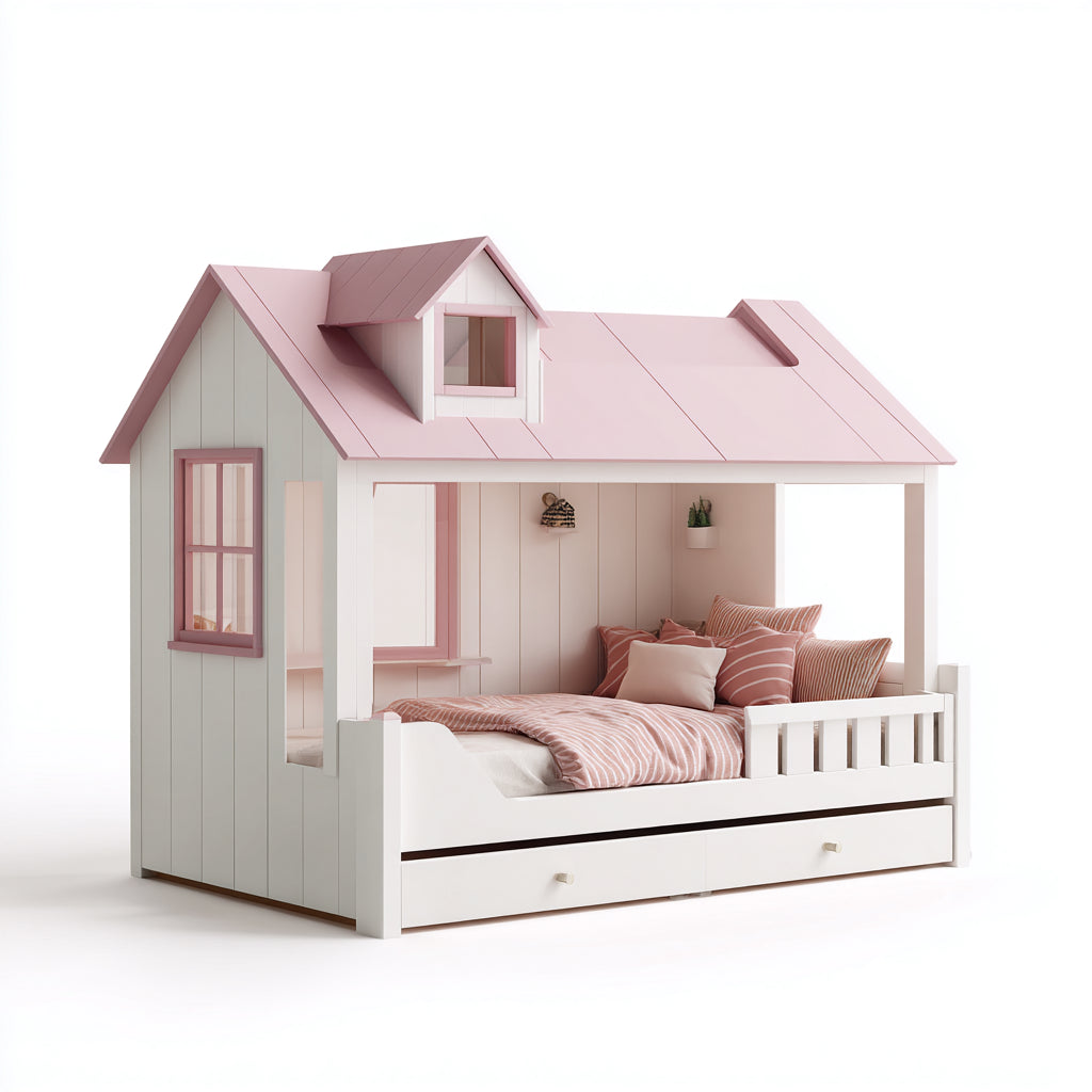 2026 Lit enfant en bois 200x110x160 cm - blanc-rose - style maisonnette