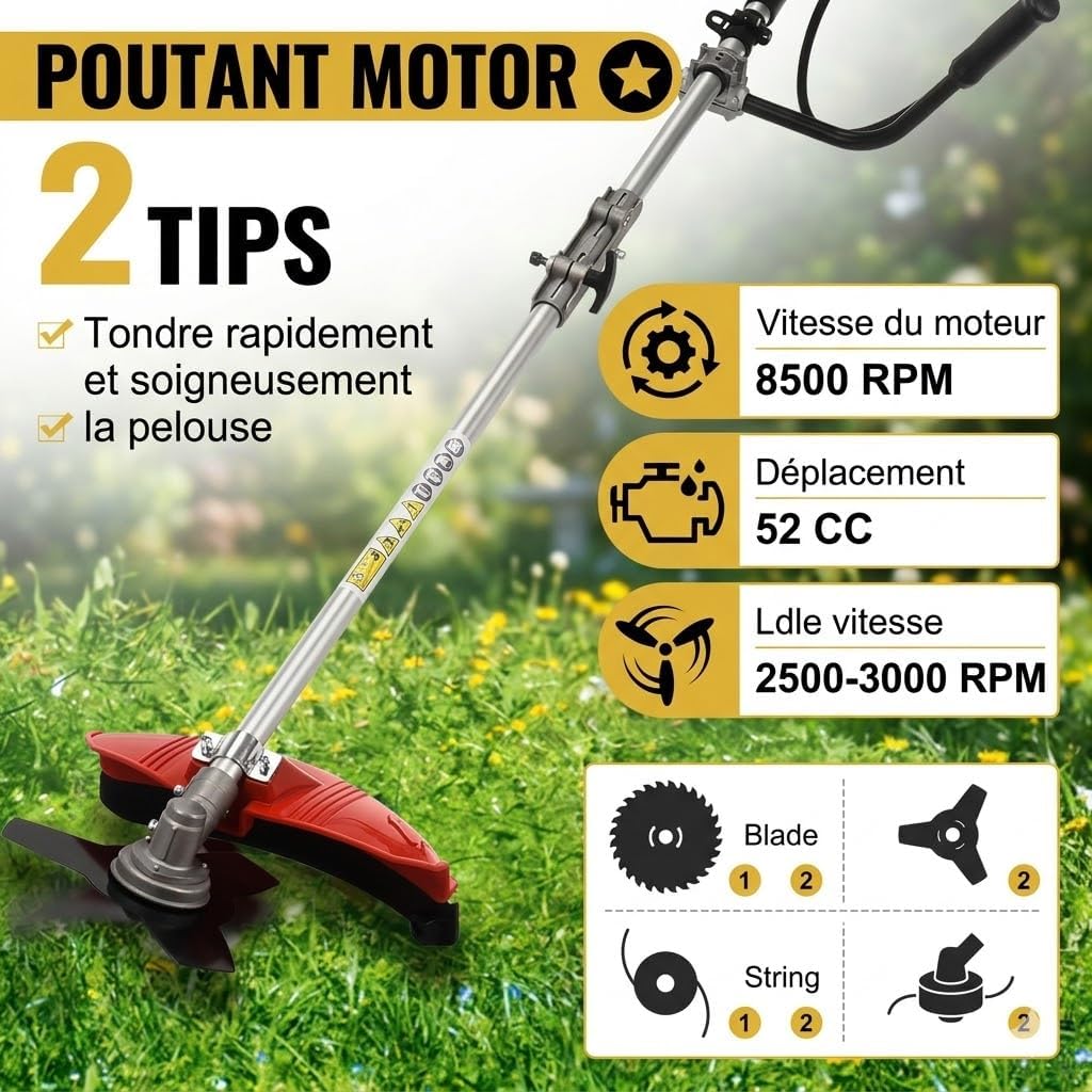 2026 Débroussailleuse à essence 52 cc 2 temps, tige droite avec système anti-vibration, sangle de transport + accessoires pour coupe de jardin et entretien du paysage (2 en 1)