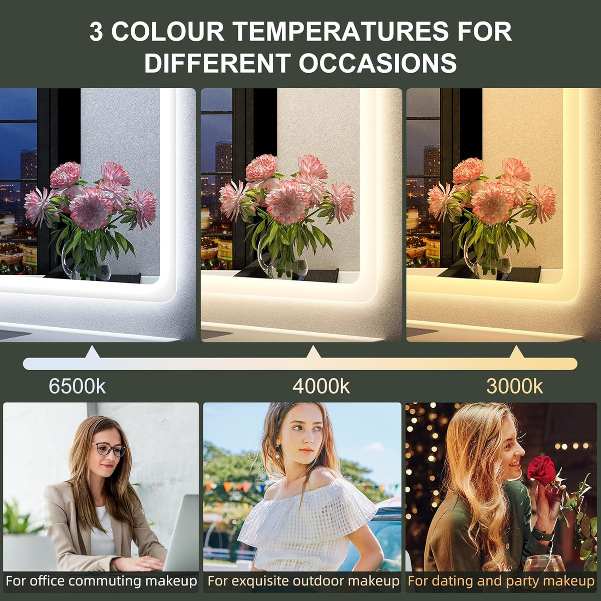 2026 Miroir de salle de bain S'bagno avec éclairage 1200 x 700 mm, IP44, LED, Bluetooth, antibuée, 3 couleurs de lumière (3 000 K, 4 000 K, 6 500 K), intensité variable, mémoire, vertical ou horizontal. Miroirs de salle de bain avec LED.