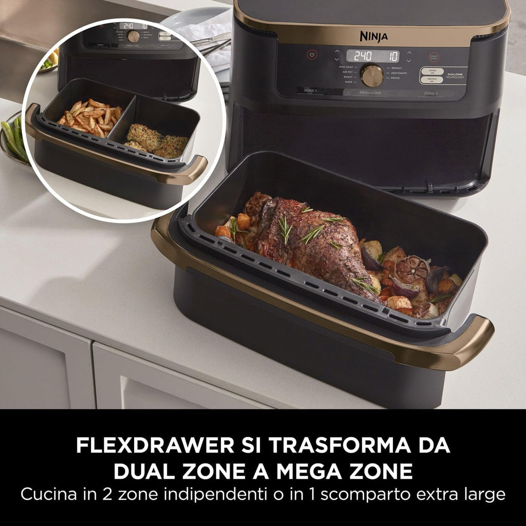 2026 Ninja Foodi FlexDrawer, Friggitrice ad Aria, Doppia Zona, Separatore Rimovibile, Cassetto da 10.4L, 7 in 1, Componenti Antiaderenti Lavabili in Lavastoviglie, Nero/Rame, AF500EUCP