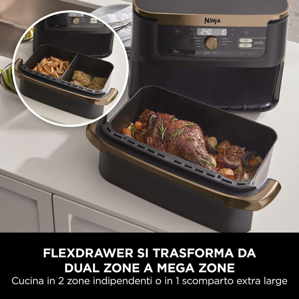 2026 Ninja Foodi FlexDrawer, Friggitrice ad Aria, Doppia Zona, Separatore Rimovibile, Cassetto da 10.4L, 7 in 1, Componenti Antiaderenti Lavabili in Lavastoviglie, Nero/Rame, AF500EUCP