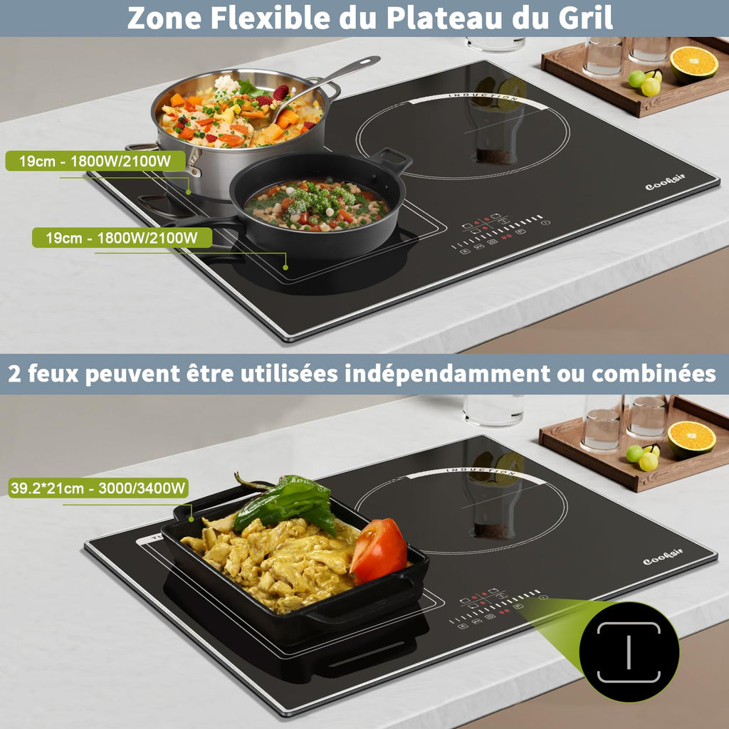 2026 Cooksir Plaque Induction 3 Feux avec Cadre, Table de Cuisson Induction 60cm Encastrable, 6800W, Commande Tactile à Curseur, Bord Inox, Zone Flexibles