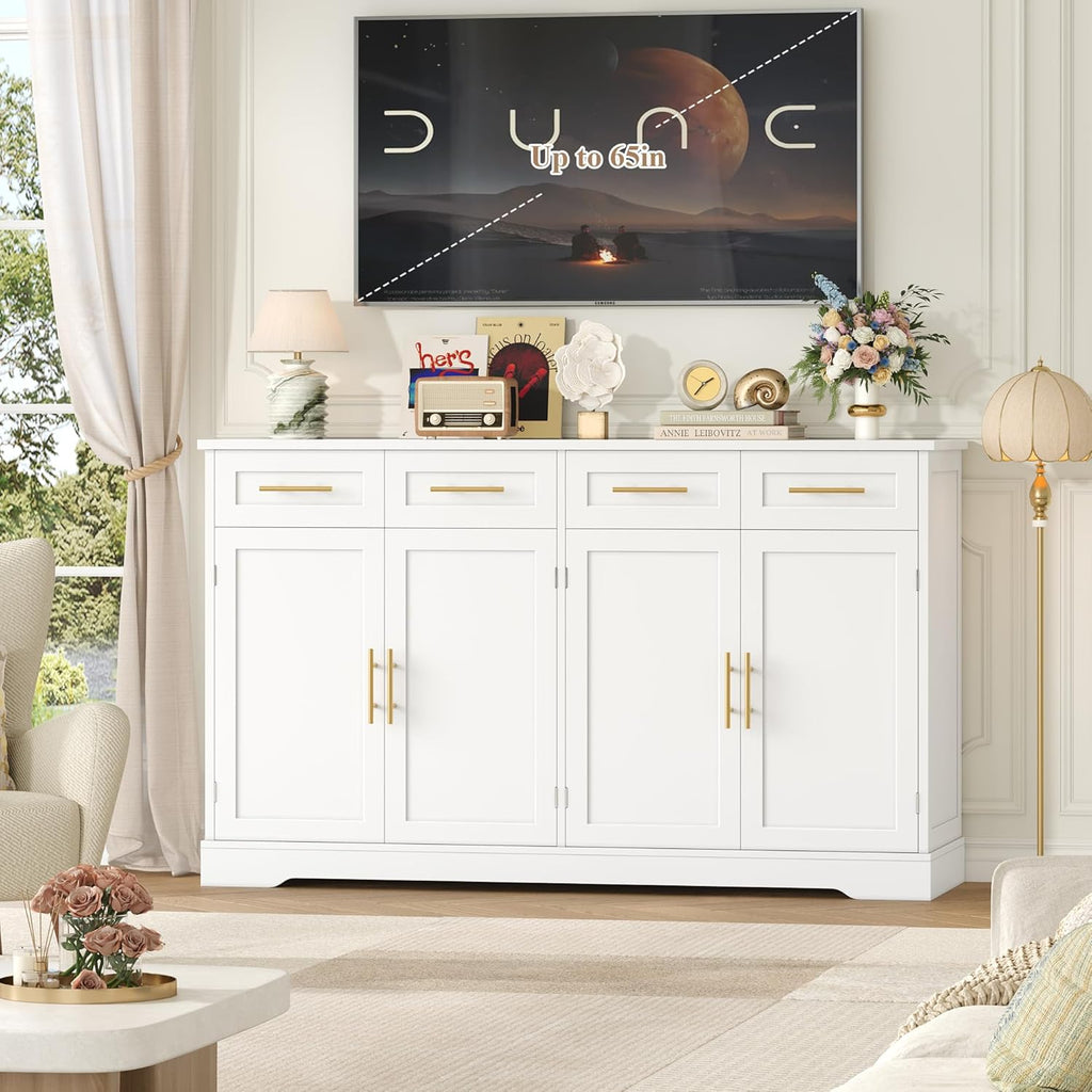2026 HOCSOK Credenza Cucina, 150 cm Madia Cucina con 4 Cassetti 4 Ante, Credenza Soggiorno con Maniglie in Metallo per Soggiorno, sala da pranzo, Ingresso, Mobile TV, 150×92×40 cm, Bianco