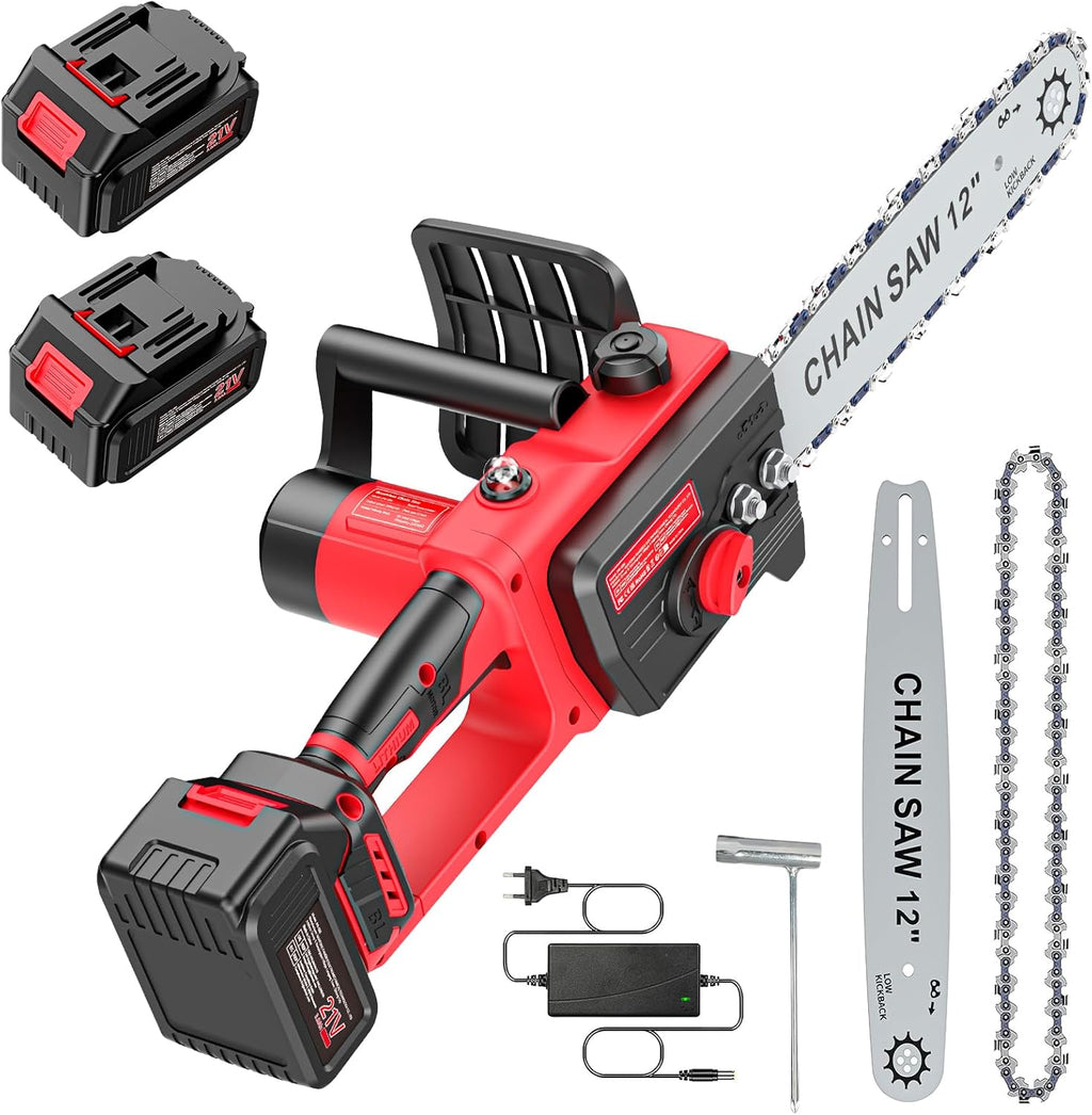 2026 Brushless Trononneuse avec batterie 3000mAh * 2, 12 pouces scie à chane électrique sans fil, scie à chane électrique à une main, scie à chane manuelle sans fil avec verrouillage de sécurité