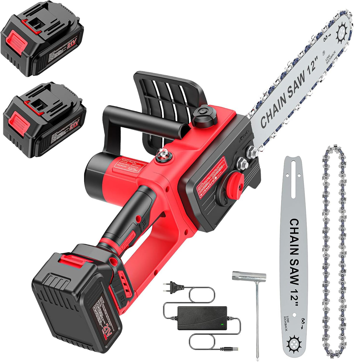 2026 Brushless Trononneuse avec batterie 3000mAh * 2, 12 pouces scie à chane électrique sans fil, scie à chane électrique à une main, scie à chane manuelle sans fil avec verrouillage de sécurité