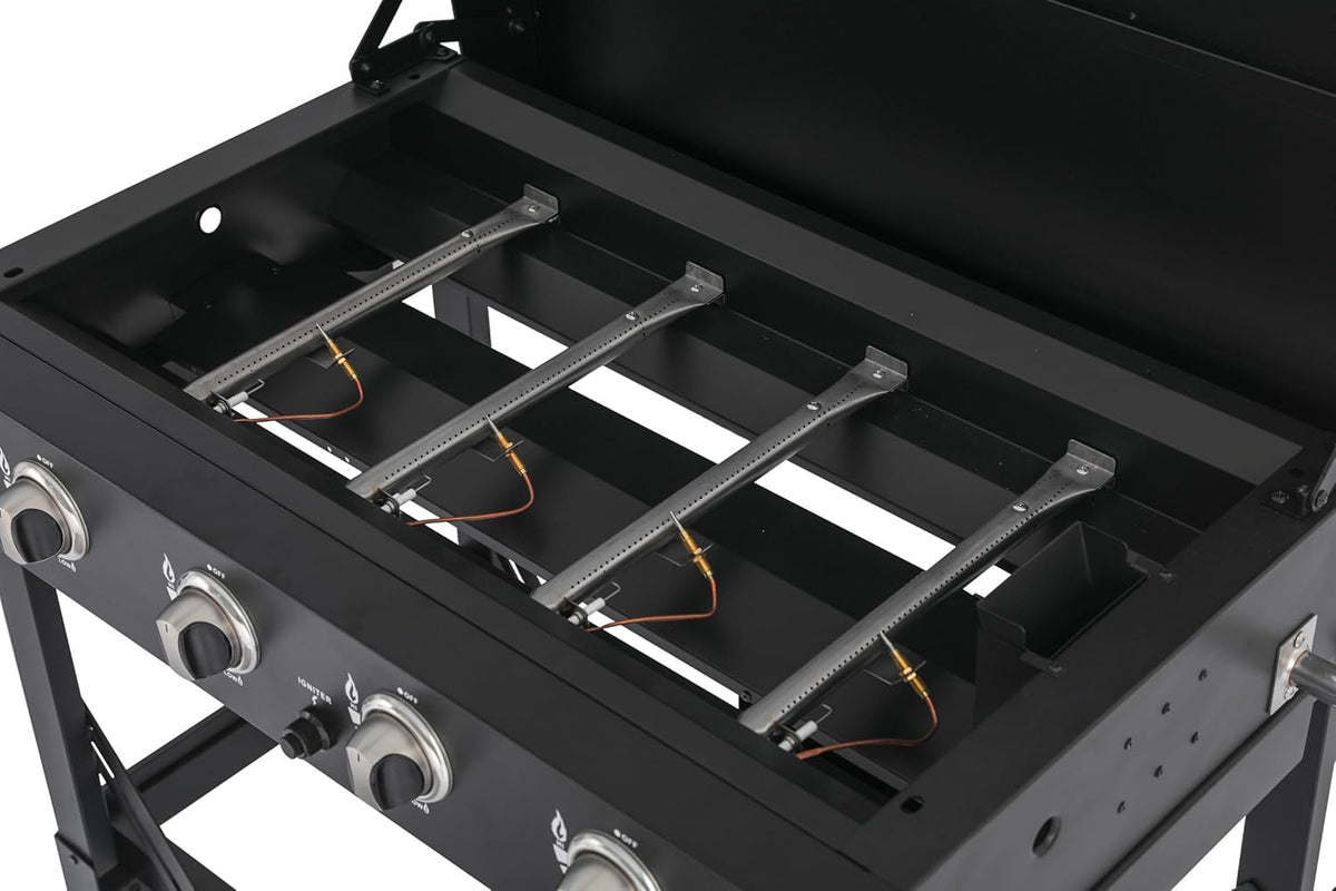 2026 METRO PROFESSIONAL Barbecue Plancha à Gaz avec 4 Brûleurs Dayton, Acier Inoxydable, 14.8 kW, Allumage par Impulsion, 4 roulettes Pivotantes, Pliable, Noir