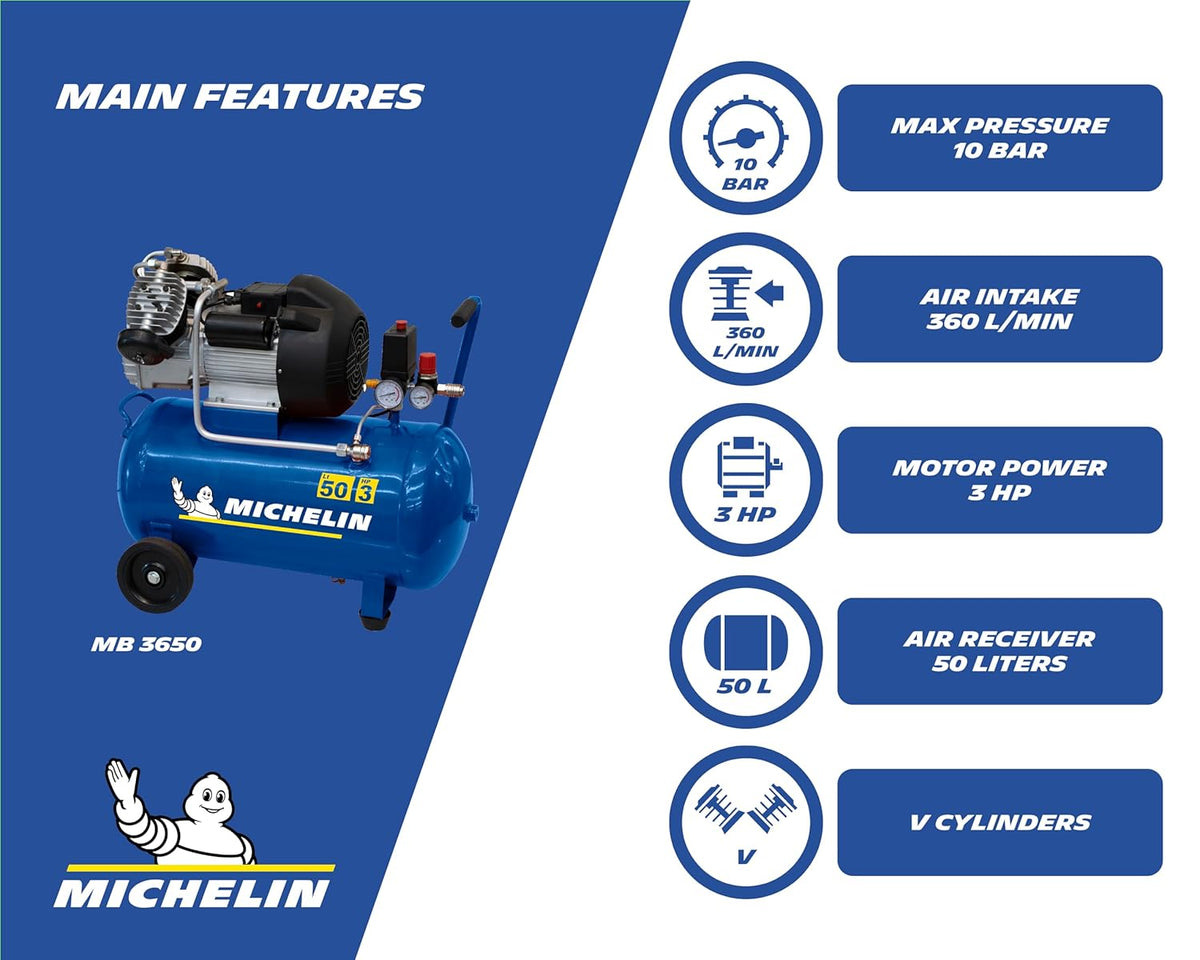 2026 MICHELIN Compresseur d'Air Portatif MB3650 - Cuve 50 Litres - Moteur 3 cv - Pression Maximale 10 bar - Débit d'Air 360 l/min - 21.6 m³/h