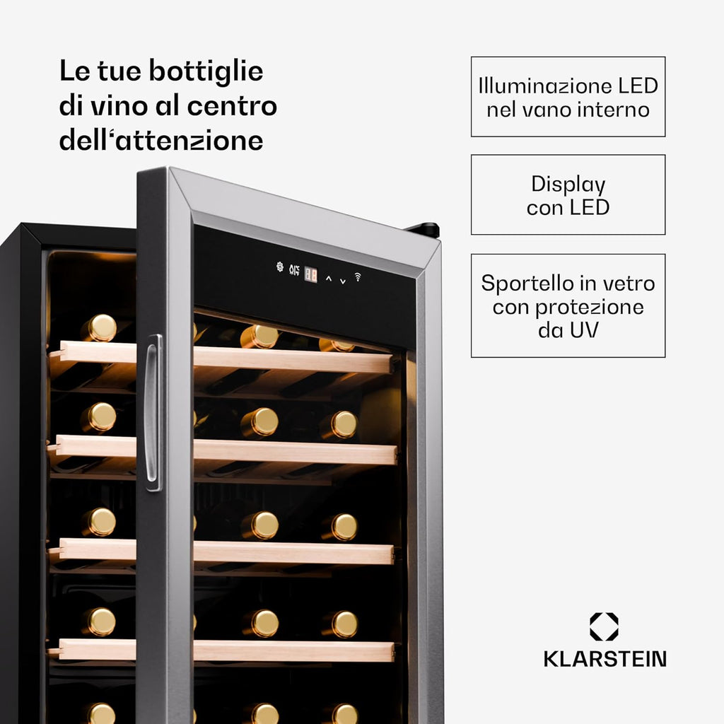 2026 KLARSTEIN Shiraz Premium Smart 24 - Frigorifero per vini, 24 bottiglie, temperatura regolabile, illuminazione LED, controllo WiFi, display touch