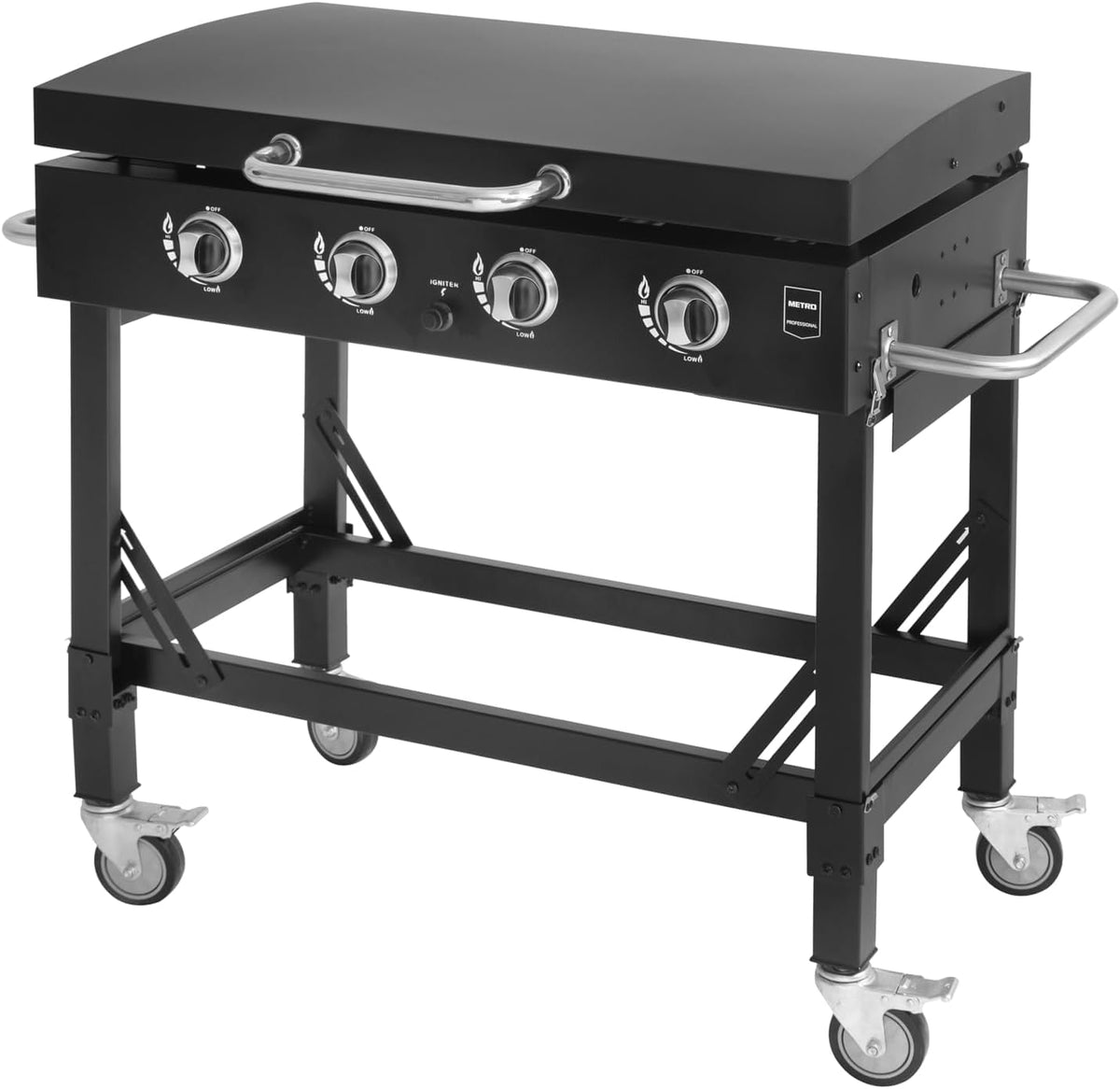 2026 METRO PROFESSIONAL Barbecue Plancha à Gaz avec 4 Brûleurs Dayton, Acier Inoxydable, 14.8 kW, Allumage par Impulsion, 4 roulettes Pivotantes, Pliable, Noir