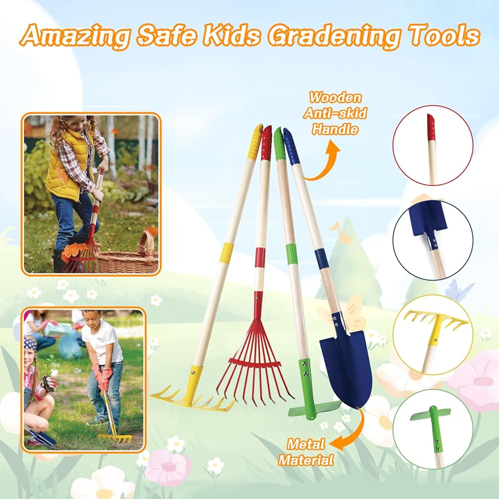 2026 Mostop Kit d'outils de jardinage pour enfants - Jouet avec brouette, pelle en métal, râteau, râteau, chariot de jardin extérieur, cadeau d'anniversaire pour garçons et filles de 4 à 8 ans : Jeux et Jouets
