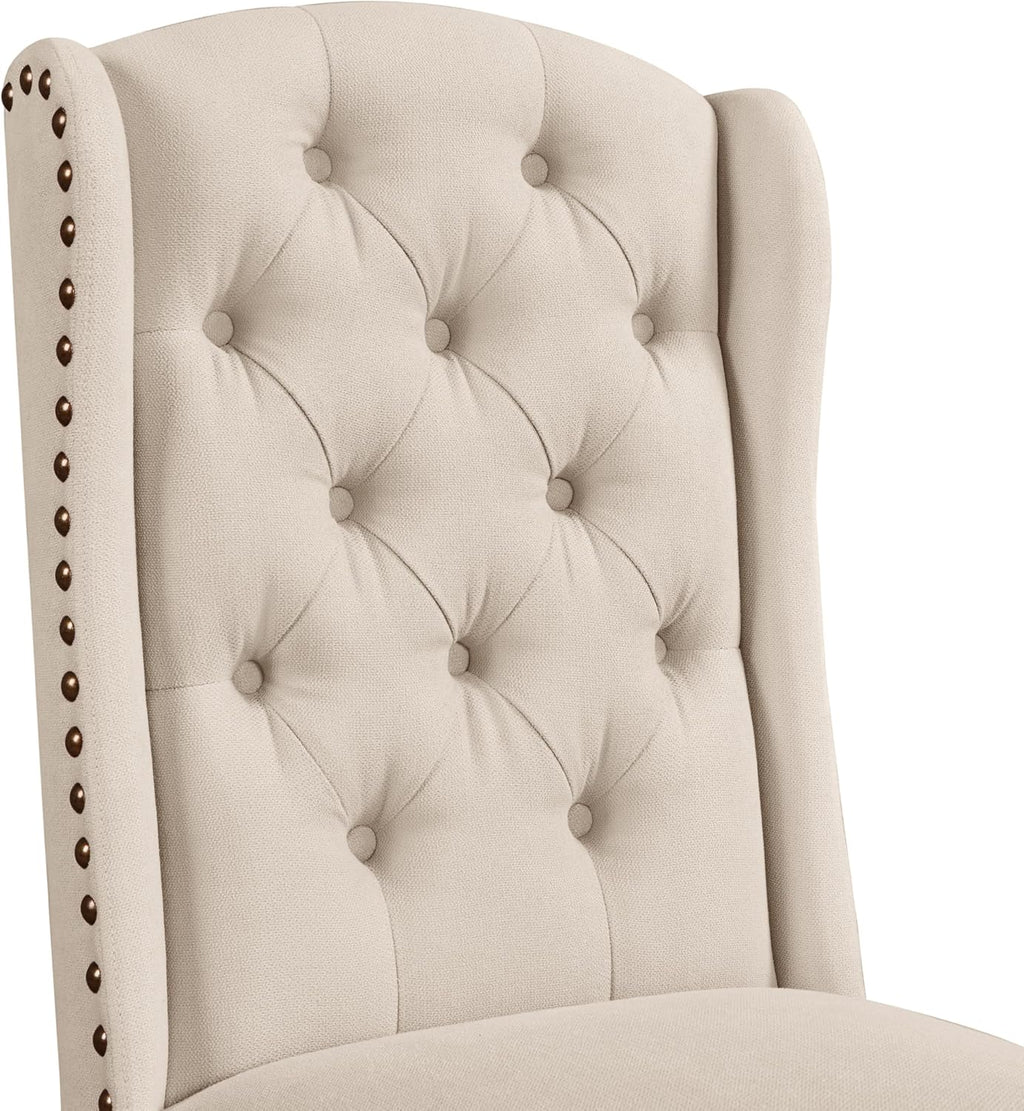 2026 Yaheetech Set 6 Sedie Sala da Pranzo Tessuto Imbottite Eleganti Gambe in Legno Massello Schienale Alto con Bottoni Portata 140 KG Beige
